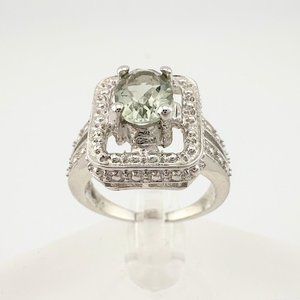 Beautiful Natural Light Green Amethyst Ring with small Diamond - Sterling Size 7